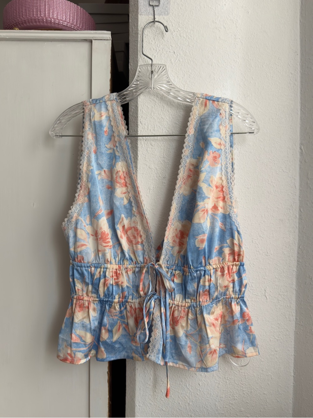 Floral Lace-Trim Blue Peplum Tie-Front Women's Top